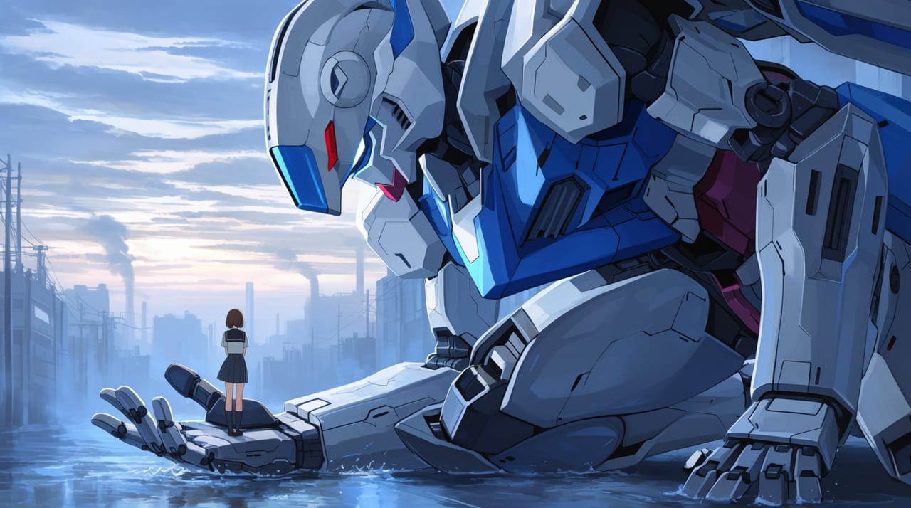 Mecha anime key visual, a towering white and blue robot kneeling in a flooded city street at dawn, pilot standing on its palm for scale, mist, cool blue palette with a single red accent, detailed mechanical panel lines.