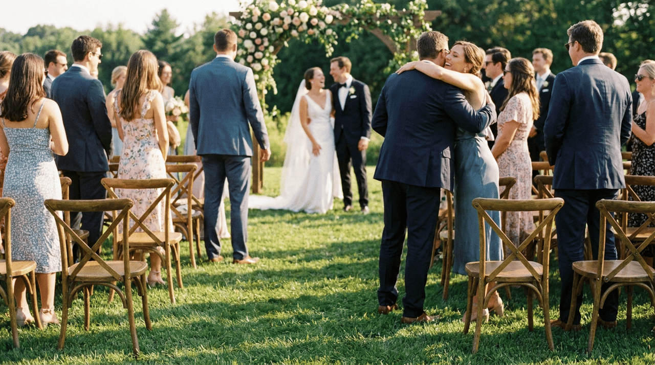 Candid photo taken seconds after an outdoor wedding ceremony: guests standing, chairs slightly out of place, the couple laughing in the background slightly out of focus, natural light, 35mm.