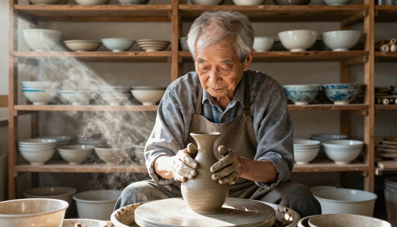 Portrait of an elderly Japanese potter at the wheel in a sunlit wooden workshop, clay-covered hands shaping a tall vase, dust in the light beams, shelves of glazed bowls behind, natural photograph, 50mm, warm tones.
