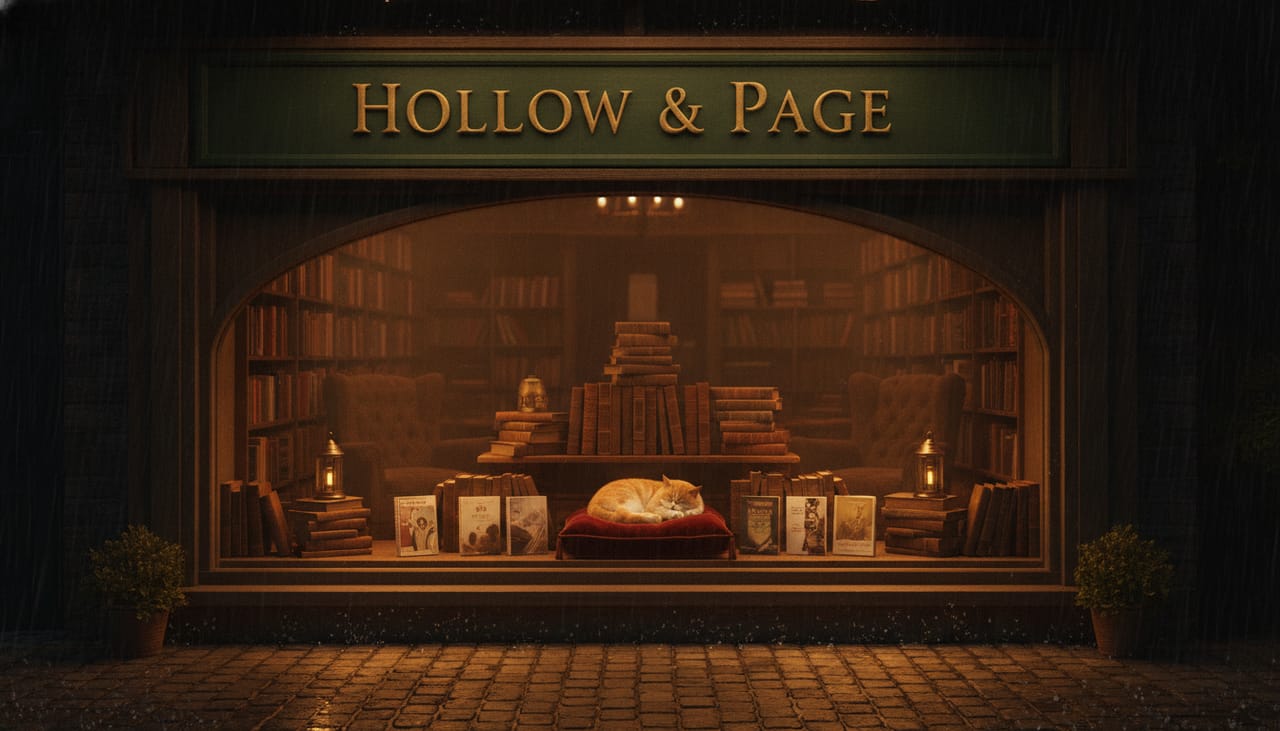 Cozy bookshop storefront at night, sign reads 'Hollow & Page' in gold serif on green paint, window display of stacked books with a sleeping cat, rain on the pavement, warm light spilling out.