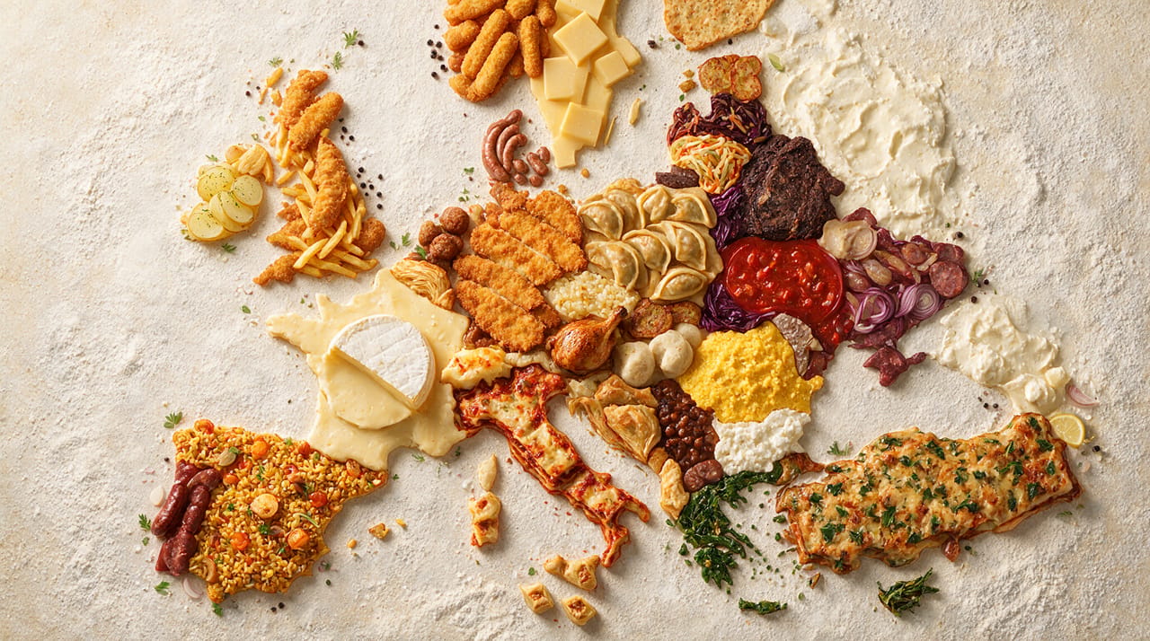 A map of Europe where every country is made from its most famous dish, top-down view, photorealistic food, subtle country outlines.