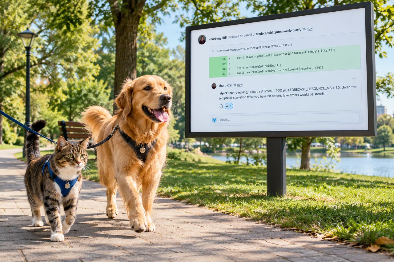 A cat and a dog walking in the park past a billboard that shows the reference image.