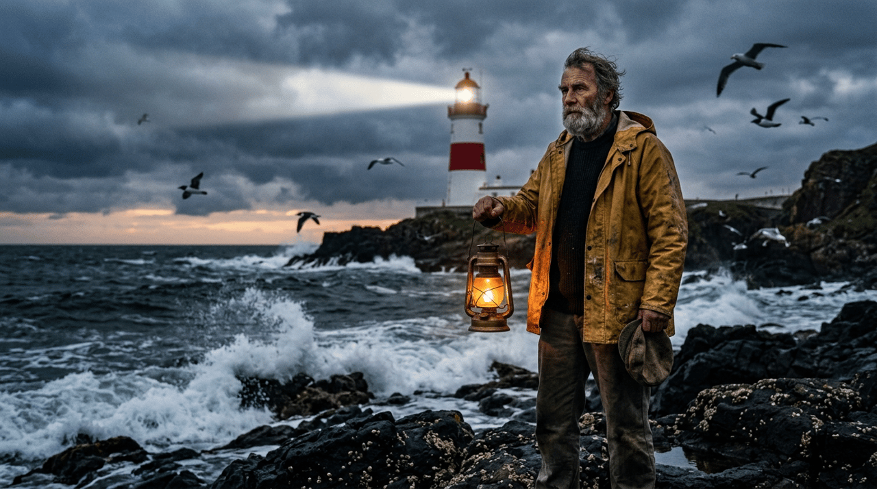 A weathered lighthouse keeper in his sixties, gray beard, yellow oilskin coat, standing on a rocky shore at dusk holding a brass lantern. Behind him a red-and-white striped lighthouse with its beam sweeping across low storm clouds. Waves breaking on black rocks in the foreground, seabirds mid-flight, painterly photorealism, dramatic rim light from the lantern on his face.
