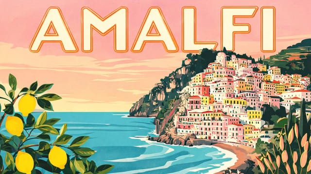 A vintage travel poster for the Amalfi Coast: pastel cliffside village above a turquoise sea, a lemon tree branch in the foreground, bold art deco lettering reading "AMALFI" across the top, flat screen-print texture, warm sunset palette.