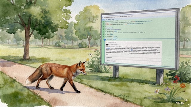 A watercolor fox walking through a park, with a billboard behind it showing the reference image.