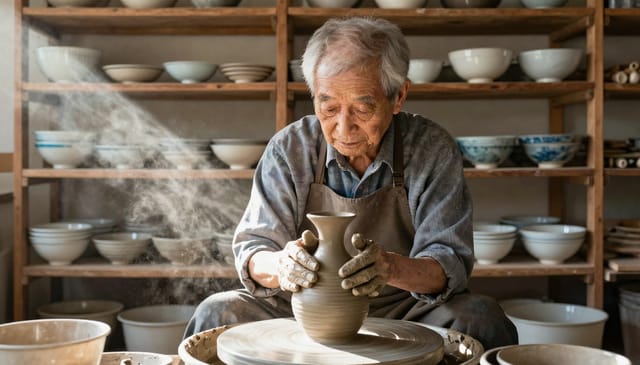 Portrait of an elderly Japanese potter at the wheel in a sunlit wooden workshop, clay-covered hands shaping a tall vase, dust in the light beams, shelves of glazed bowls behind, natural photograph, 50mm, warm tones.