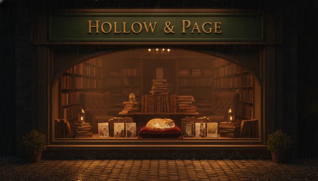 Cozy bookshop storefront at night, sign reads 'Hollow & Page' in gold serif on green paint, window display of stacked books with a sleeping cat, rain on the pavement, warm light spilling out.