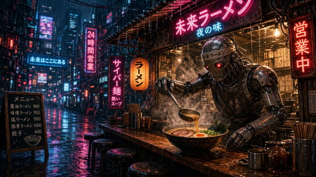A cozy cyberpunk ramen stall on a rainy night, neon signs in Japanese reflecting on wet asphalt, steam rising from bowls, a robot chef ladling broth, cinematic lighting, highly detailed.
