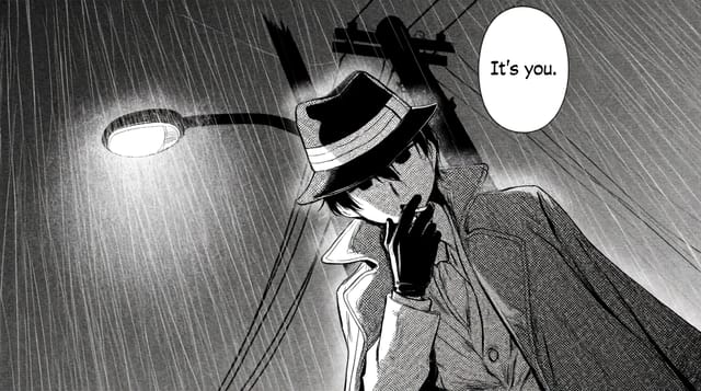 Retro manga panel, black and white screentone shading, a detective lighting a cigarette under a streetlamp, rain rendered with fine diagonal lines, dramatic halftone shadows, speech bubble reading 'It's you.'