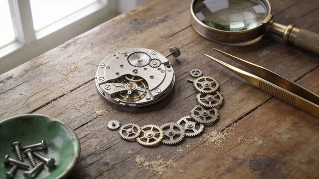 Overhead flat lay of a watchmaker's bench: a disassembled mechanical watch movement in the center with gears fanned out in a spiral, brass tweezers and a loupe at top right, a small green enamel dish of screws at bottom left. Worn oak surface, soft north window light from the left, fine dust visible, macro photograph, crisp focus, natural colors.