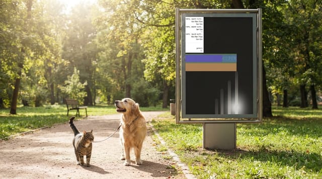 A cat and a dog walking in the park, with the reference image shown on a billboard.