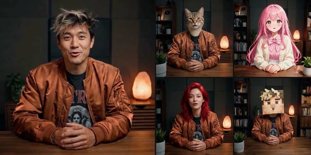 Left: the driving video. Right: four characters — a cat, an anime girl, a red-haired woman and a blocky game character — performing the same motion, expressions and lip movements.