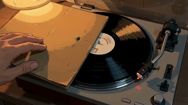 Overhead shot, a hand slides a vinyl record out of its sleeve and onto a turntable, needle drops, warm lamp light. <Sleeve rustle, needle crackle, first bars of a soft record>