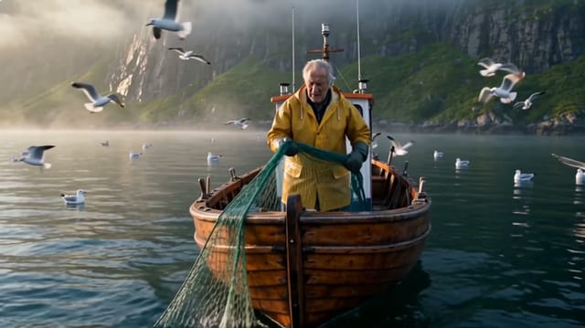 An elderly fisherman in a yellow oilskin coat stands at the bow of a small wooden boat, pulling a dripping net hand over hand from dark green water. Early morning on a misty Norwegian fjord, steep cliffs fading into fog behind him, gulls circling overhead. He pauses, wipes his brow with the back of his glove, and squints toward the horizon as the first sunlight breaks through the mist. Slow dolly-in from a wide shot to a medium close-up on his weathered face. Soft golden backlight, cold blue shadows, light haze, water droplets catching the sun. Cinematic, shot on 35mm film, shallow depth of field, natural color grade, calm and contemplative pacing. Audio: gentle lapping waves, creaking wood, distant gull cries, no music.
