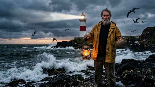 Character image: a weathered lighthouse keeper on a stormy shore. Motion video: a man talking calmly to the camera. Prompt: The man talks calmly to the camera on a rocky shore at dusk.