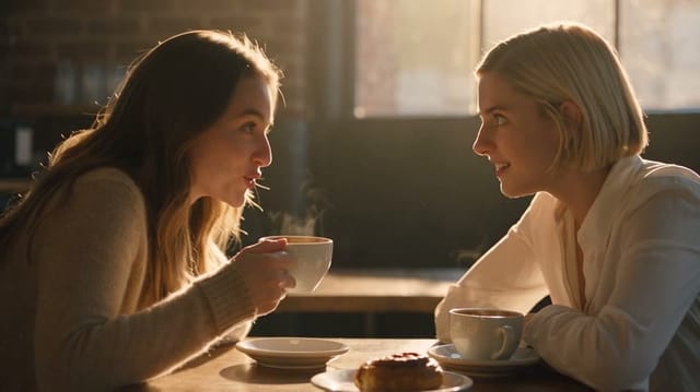 Two friends at a small cafe table in late afternoon window light, medium two-shot, handheld with slight movement. The one on the left lifts a cup and says, in English, 'You're not going to believe who called.' The other leans in: 'Tell me everything.' <Warm cafe noise, soft chatter behind the voices> No music.