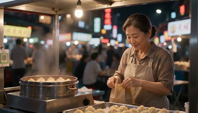 Medium shot of a street vendor at a night market handing over a paper bag of dumplings, neon behind, steam rising. She smiles and says in English, 'Careful, they're hot.' <Sizzling, crowd chatter>