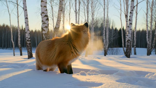 Slow dolly push toward a red fox standing in fresh snow at dawn, breath visible in the cold air, it turns its head toward camera, low sun flaring through bare birch trees, shallow depth of field, film grain.