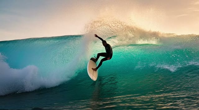 A surfer carves across a huge turquoise wave at golden hour, spray catching the sunlight, camera tracking alongside from the water. Audio: roaring surf, wind, a distant gull.