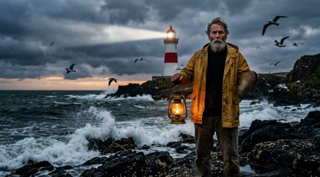 Character image: a weathered lighthouse keeper on a stormy shore. Motion video: a man talking calmly to the camera. Prompt: The man talks calmly to the camera on a rocky shore at dusk.