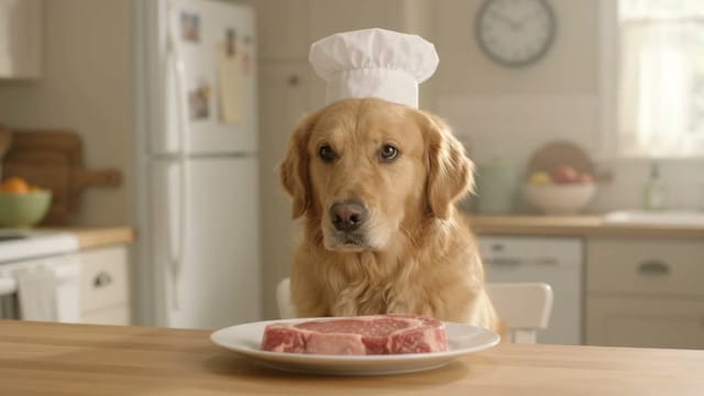 A golden retriever in a tiny chef's hat sits at a kitchen counter, staring at a raw steak. A voice off-screen says firmly, "Don't even think about it." The dog slowly slides one paw toward the plate without breaking eye contact. Static medium shot, bright natural kitchen light, sitcom framing. Audio: fridge hum, a clock ticking, one sheepish whimper.