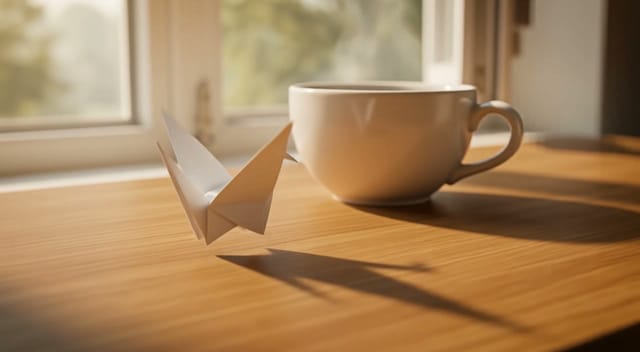 A paper origami crane unfolds its wings on a sunlit wooden desk and lifts off, gliding past a steaming coffee cup toward an open window. Slow tracking shot, soft morning light, shallow depth of field, warm tones.